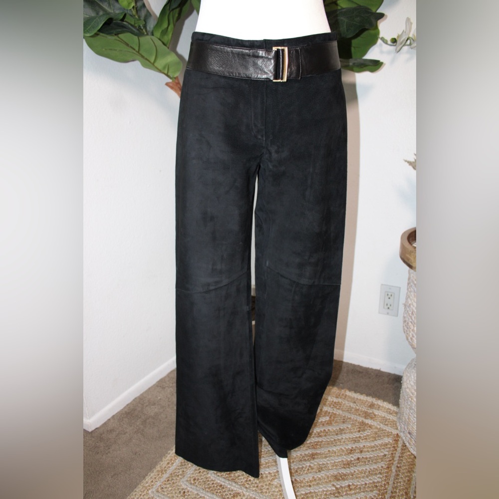 Wide Leg Black Suede Pants with Belt